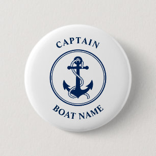 Nautical Anchor Rope Captain Boat Name Navy Blue Button