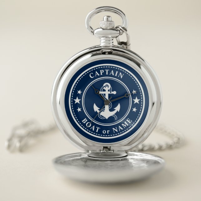 Nautical Anchor & Rope Captain Boat Name Navy Pocket Watch (Inside)
