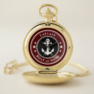 Nautical Anchor & Rope Captain Boat Name Navy Red Pocket Watch