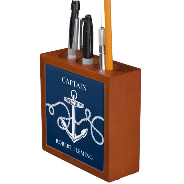 Nautical Anchor Rope Captain Name Desk Organizer (In Situ)