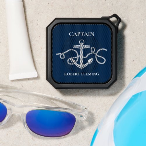Nautical Anchor Rope Captain Name Navy Blue White Bluetooth Speaker