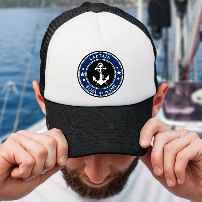 Nautical Anchor & Rope Captain Name or Boat Trucker Hat (Your Name or Boat Name. Several colors to choose from.)