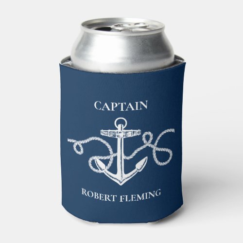 Nautical Anchor Rope Captain Name Personalized Can Cooler