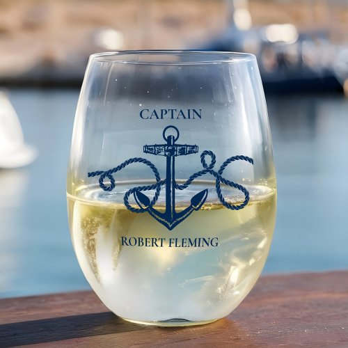 Nautical Anchor Rope Captain Name Stemless Wine Glass