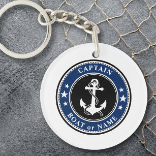 Nautical Anchor & Rope Captain or Boat Name Navy Keychain