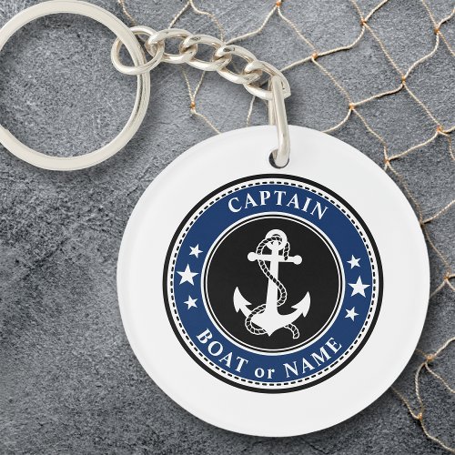 Nautical Anchor  Rope Captain or Boat Name Navy Keychain