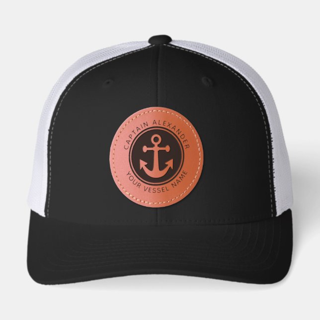 Nautical Anchor Rope Custom Boat Name Leather Patch Hat (Front)