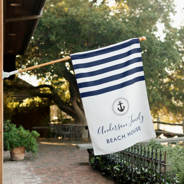Nautical Anchor & Rope Family Beach House House Flag (In SItu)