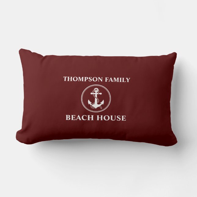 Nautical Anchor Rope Family Name Beach House Red Lumbar Pillow (Front)