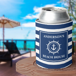 Nautical Anchor Rope Helm Blue Striped Beach House Can Cooler