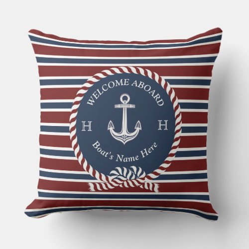 Nautical  Anchor Rope Maroon Red boat name Outdoor Pillow