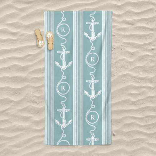 Nautical Anchor Rope Monogram Dusty Blue Beach Towel