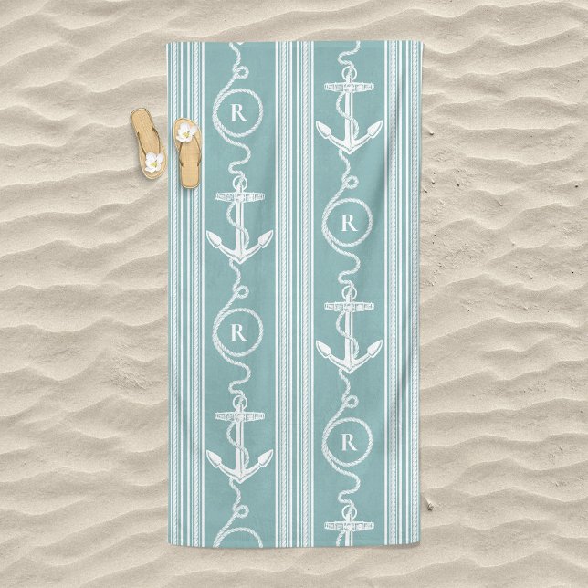 Nautical Anchor Rope Monogram Dusty Blue Beach Towel (Creator Uploaded)