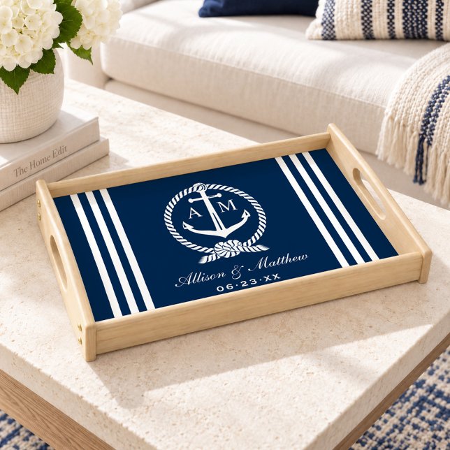Nautical Anchor Rope Monogram Navy Blue Wedding Serving Tray (Creator Uploaded)