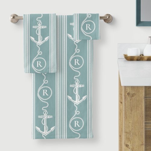 Nautical Anchor Rope Monogram Neutral Turquoise Bath Towel Set