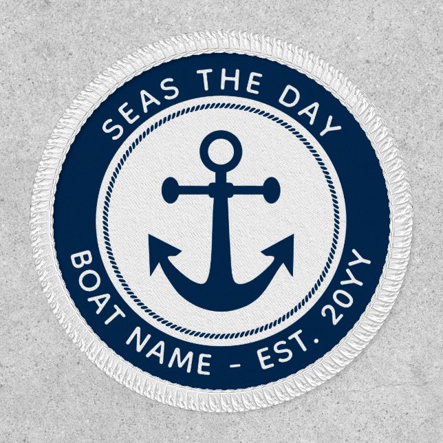 Nautical Anchor Rope Navy Blue Boat Name Custom Patch (Front)