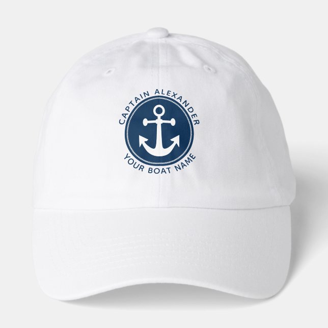 Nautical Anchor Rope Navy Blue Captain Boat Name Hat (Front)