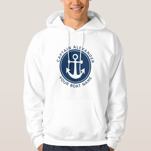 Nautical Anchor Rope Navy Blue Captain Boat Name Hoodie (Front)