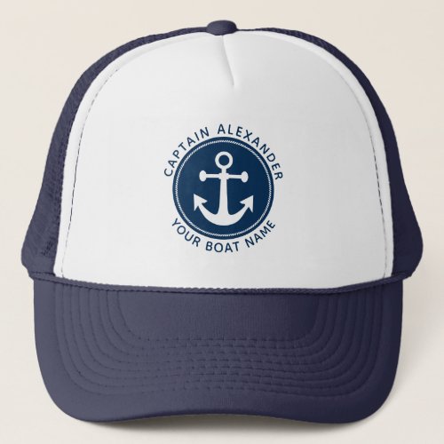 Nautical Anchor Rope Navy Blue Captain Boat Name Trucker Hat