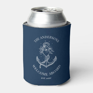Nautical Anchor Rope Navy Blue Family Name Can Cooler