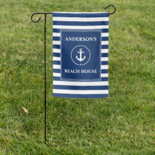 Nautical Anchor Rope Navy Blue Striped Beach House Garden Flag