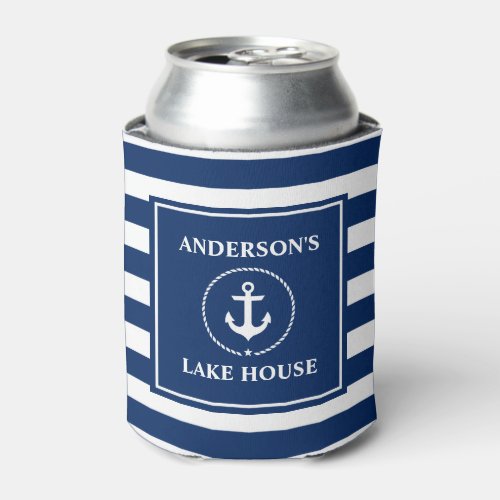 Nautical Anchor Rope Navy Blue Striped Lake House Can Cooler