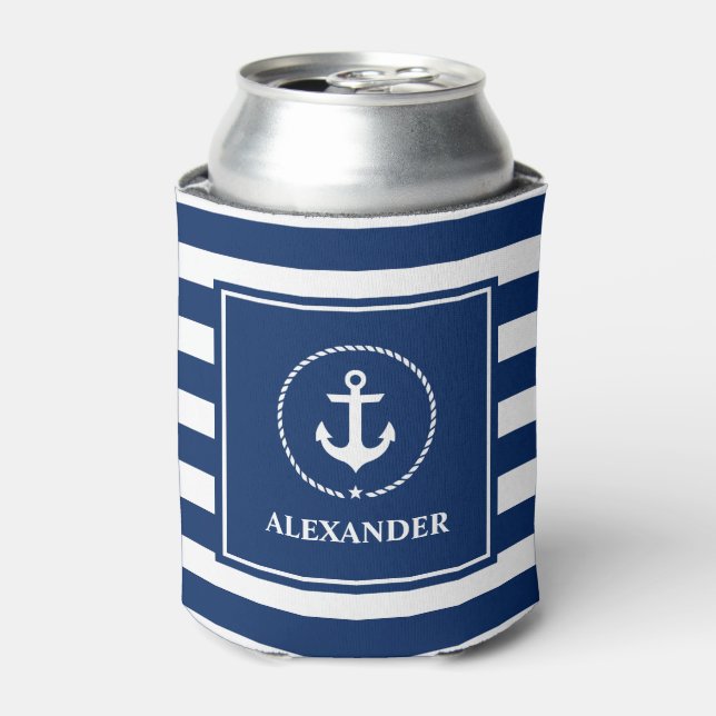 Nautical Anchor Rope Navy Blue Striped Name Can Cooler (Can Front)