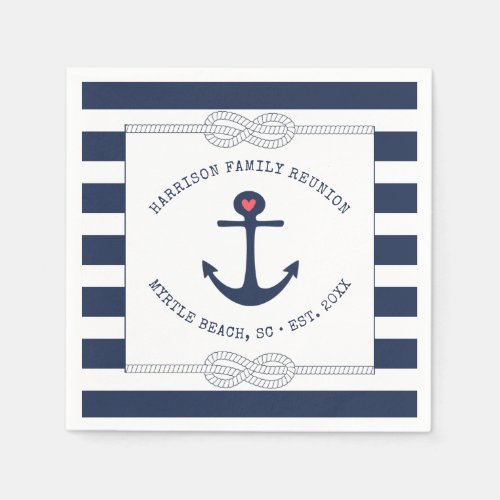 Nautical Anchor Rope Navy Blue Striped Reunion Napkins