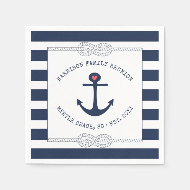 Nautical Anchor Rope Navy Blue Striped Reunion Napkins (Front)