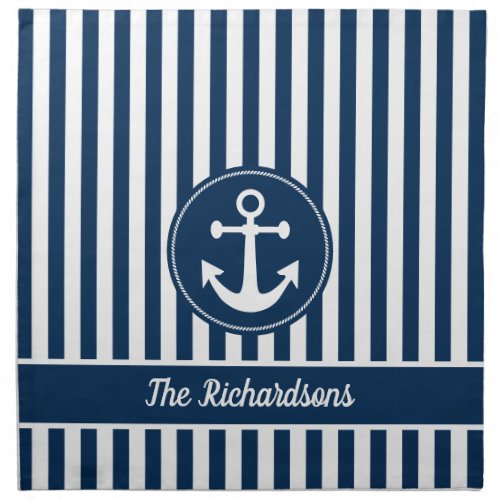 Nautical Anchor Rope Navy Blue Stripes Custom Cloth Napkin