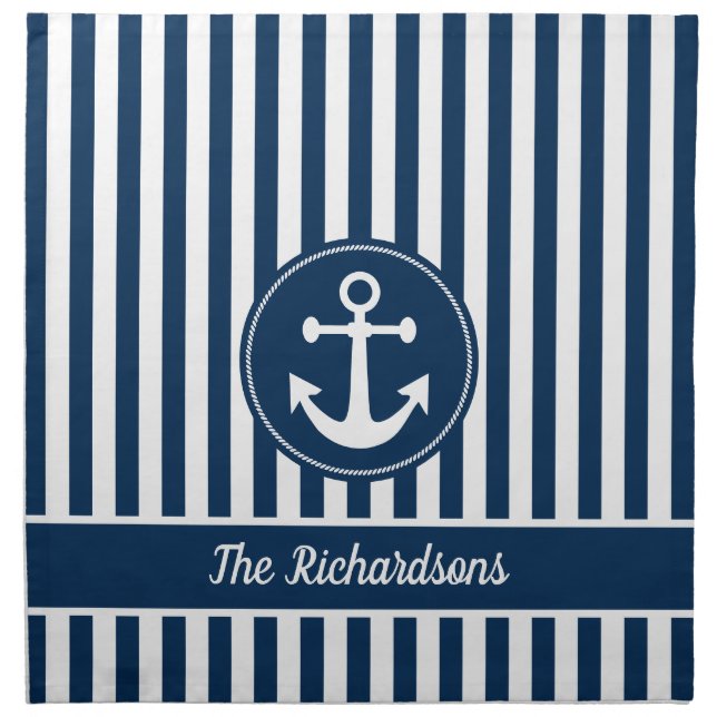 Nautical Anchor Rope Navy Blue Stripes Custom Cloth Napkin (Front)