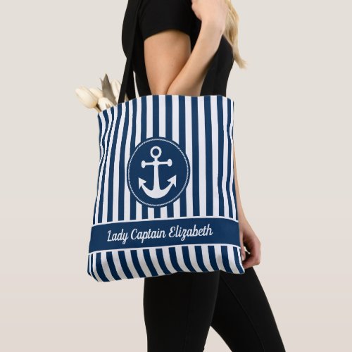 Nautical Anchor Rope Navy Blue Stripes Custom Tote Bag