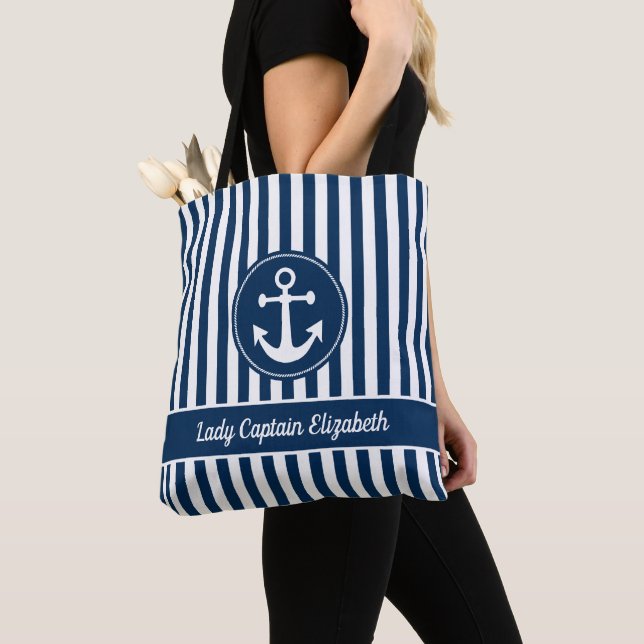 Nautical Anchor Rope Navy Blue Stripes Custom Tote Bag (Close Up)