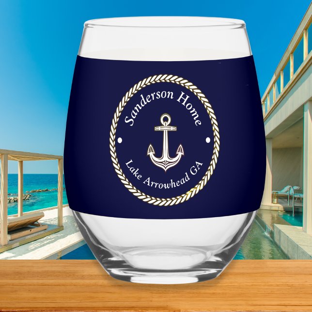 Nautical Anchor Rope Navy Blue White Monogram Name Stemless Wine Glass (Creator Uploaded)