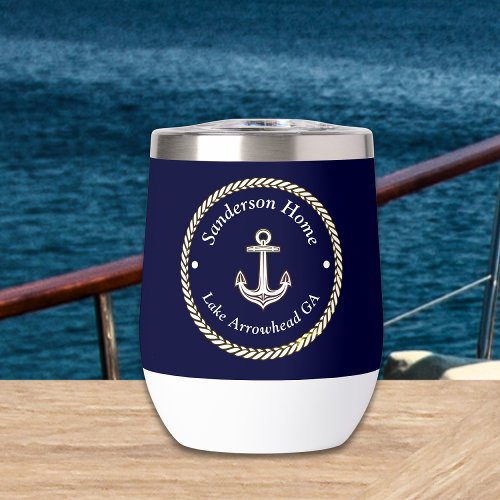 Nautical Anchor Rope Navy Blue White Monogram Name Thermal Wine Tumbler