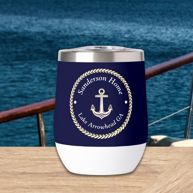Nautical Anchor Rope Navy Blue White Monogram Name Thermal Wine Tumbler (Creator Uploaded)