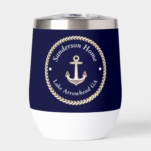 Nautical Anchor Rope Navy Blue White Monogram Name Thermal Wine Tumbler