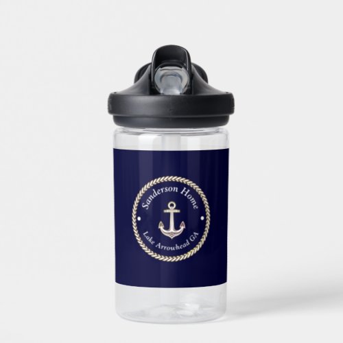 Nautical Anchor Rope Navy Blue White Monogram Name Water Bottle