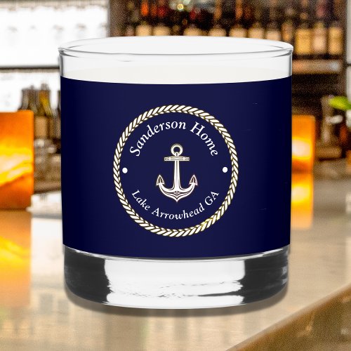 Nautical Anchor Rope Navy Blue White Monogram Name Whiskey Glass