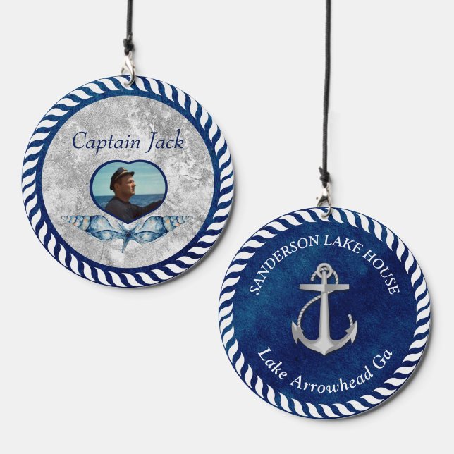 Nautical Anchor Rope Navy Blue White Photo Name  Wind Chime (Front & Back)