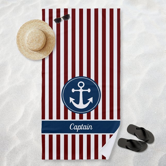 Nautical Anchor Rope Navy Red White Stripes Custom Beach Towel (Nautical Anchor Rope Navy Red White Stripes Custom Beach Towel)