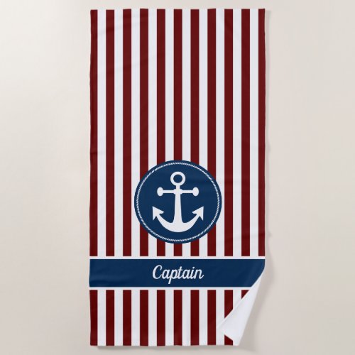 Nautical Anchor Rope Navy Red White Stripes Custom Beach Towel