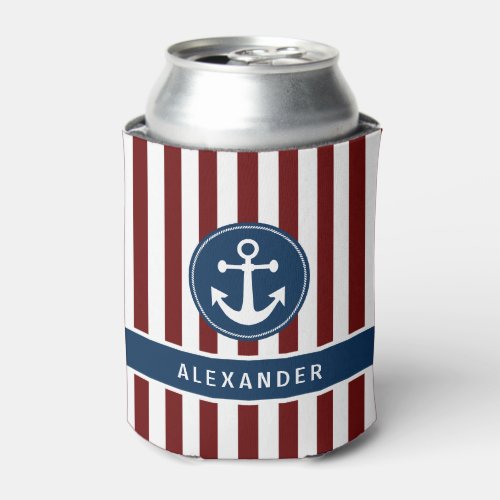 Nautical Anchor Rope Navy Red White Stripes Custom Can Cooler