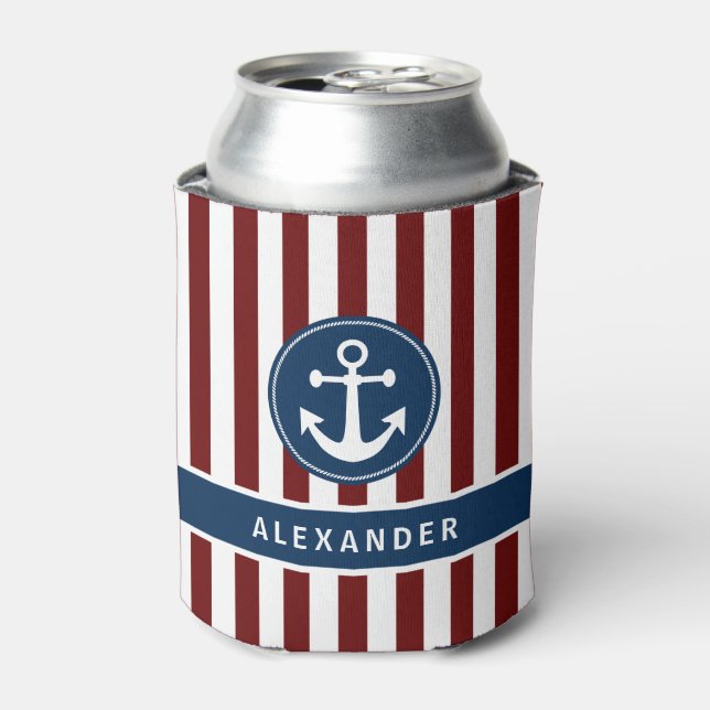 Nautical Anchor Rope Navy Red White Stripes Custom Can Cooler (Can Front)