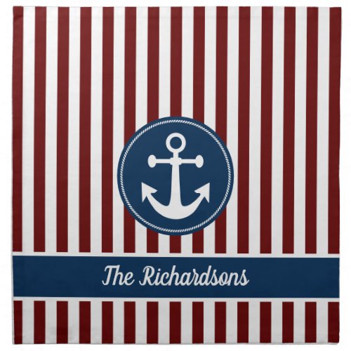 Nautical Anchor Rope Navy Red White Stripes Custom Cloth Napkin