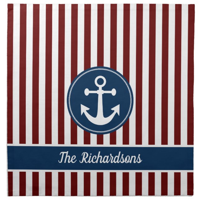 Nautical Anchor Rope Navy Red White Stripes Custom Cloth Napkin (Front)