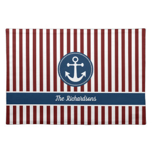 Nautical Anchor Rope Navy Red White Stripes Custom Cloth Placemat