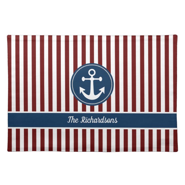 Nautical Anchor Rope Navy Red White Stripes Custom Cloth Placemat (Front)