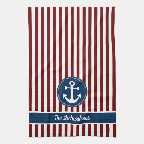 Nautical Anchor Rope Navy Red White Stripes Custom Kitchen Towel