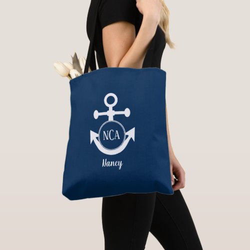 Nautical Anchor Rope Navy White Custom Monogram Tote Bag